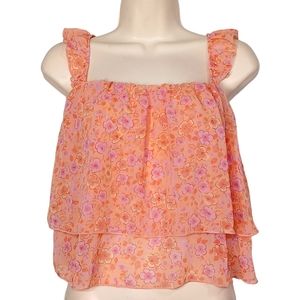 CES FEMME Orange Pink Floral Print Ruffle Boho Top Large